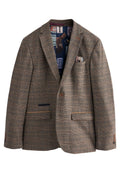 Brauner Hahnentrittmuster-Blazer mit Reverskragen, zwei Fronttaschen und einem gemusterten Innenfutter. Mit braunen Knöpfen und kontrastierenden Nähten.