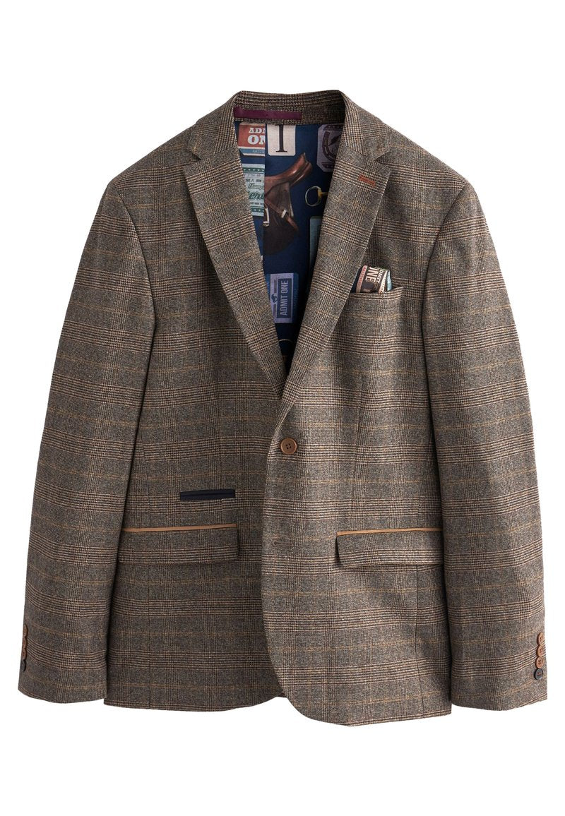 Brauner Hahnentrittmuster-Blazer mit Reverskragen, zwei Fronttaschen und einem gemusterten Innenfutter. Mit braunen Knöpfen und kontrastierenden Nähten.