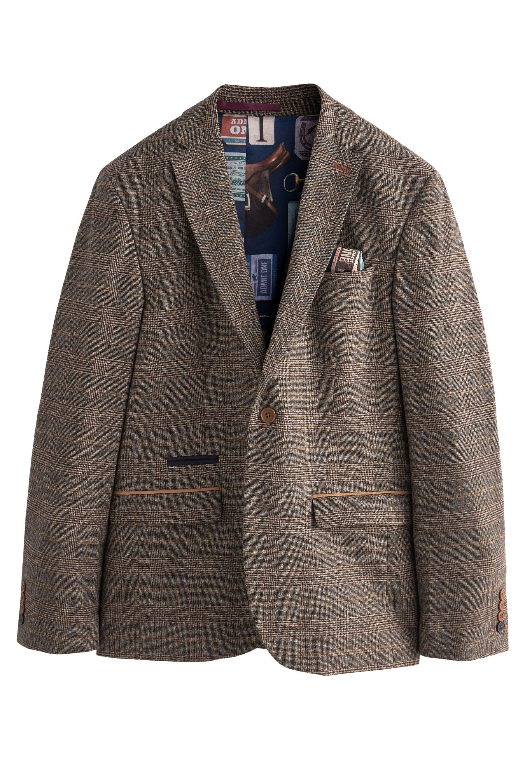 Brauner Hahnentrittmuster-Blazer mit Reverskragen, zwei Fronttaschen und einem gemusterten Innenfutter. Mit braunen Knöpfen und kontrastierenden Nähten.