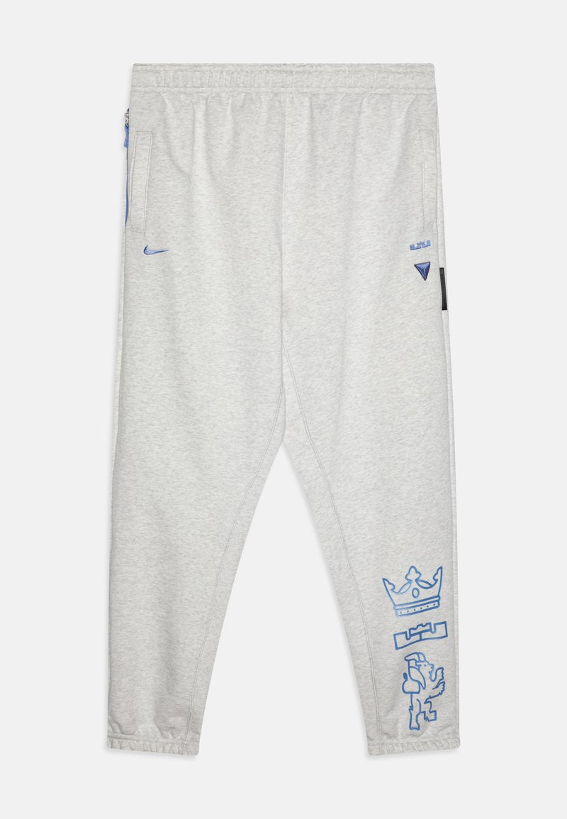 Graue Sweatpants aus weichem Material, mit blauen Akzenten. Enthalten einen elastischen Bund, Seitentaschen und bedruckte Designs an den Beinen.