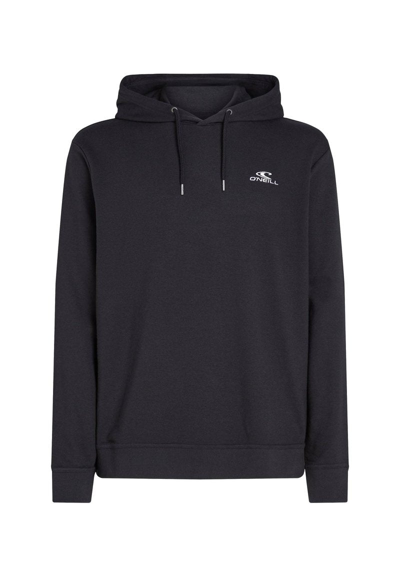Schwarzer Hoodie aus weichem Stoff, mit einer vorderen Kängurutasche, verstellbarem Kordelzugkapuze und einem kleinen weißen Logo auf der Brust.