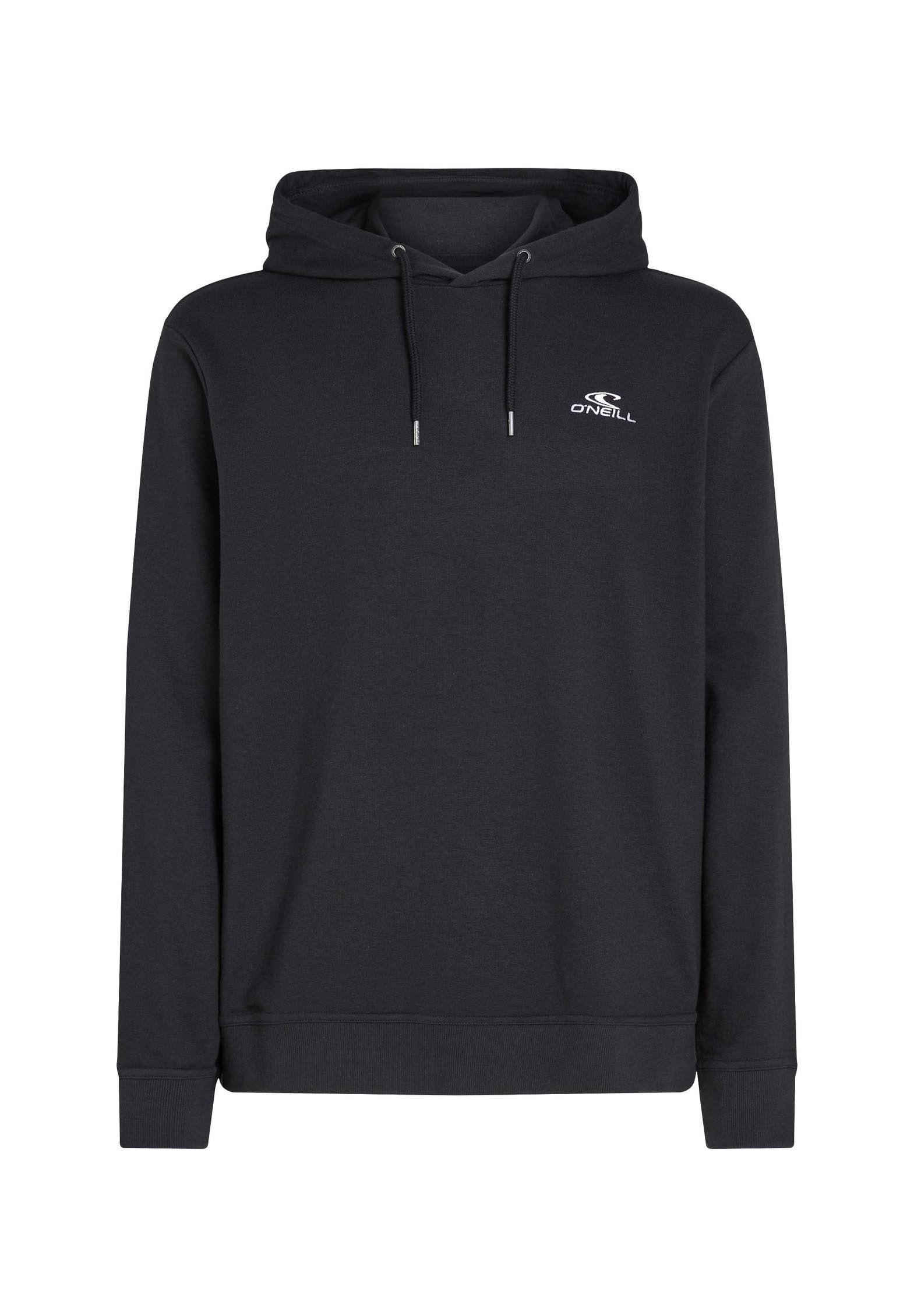 Schwarzer Hoodie aus weichem Stoff, mit einer vorderen Kängurutasche, verstellbarem Kordelzugkapuze und einem kleinen weißen Logo auf der Brust.