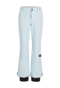 Himmelblaue Skihosen mit einem leicht ausgestellten Design, die schwarze Akzente an den Bündchen und zwei vordere Knöpfe aufweisen. Glatte Textur, wasserdichtes Material.