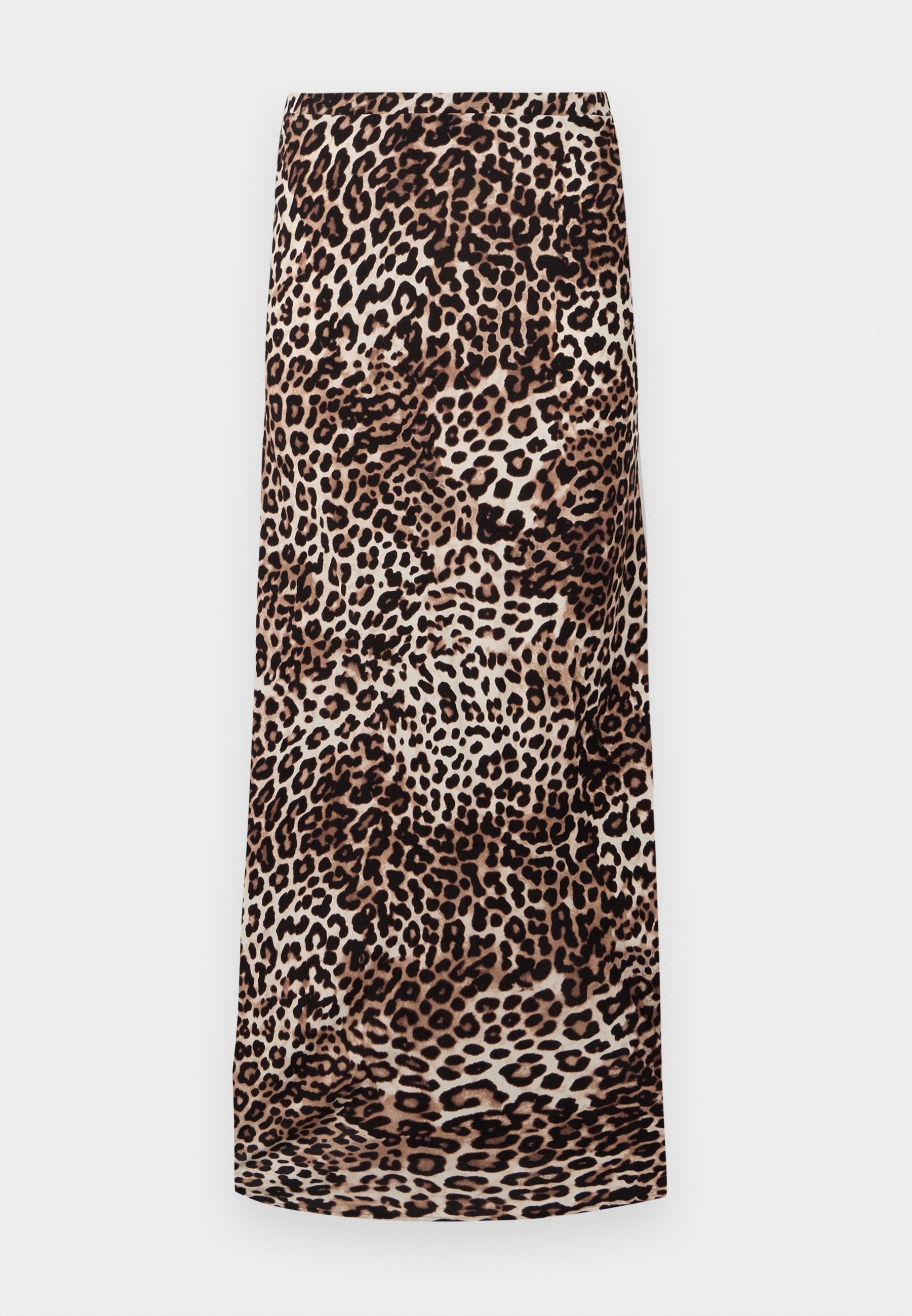 Leopardenmuster Midi-Rock aus glattem Stoff in natürlichen Beige- und Brauntönen, mit geradem Schnitt und ohne sichtbare Details oder Verzierungen.