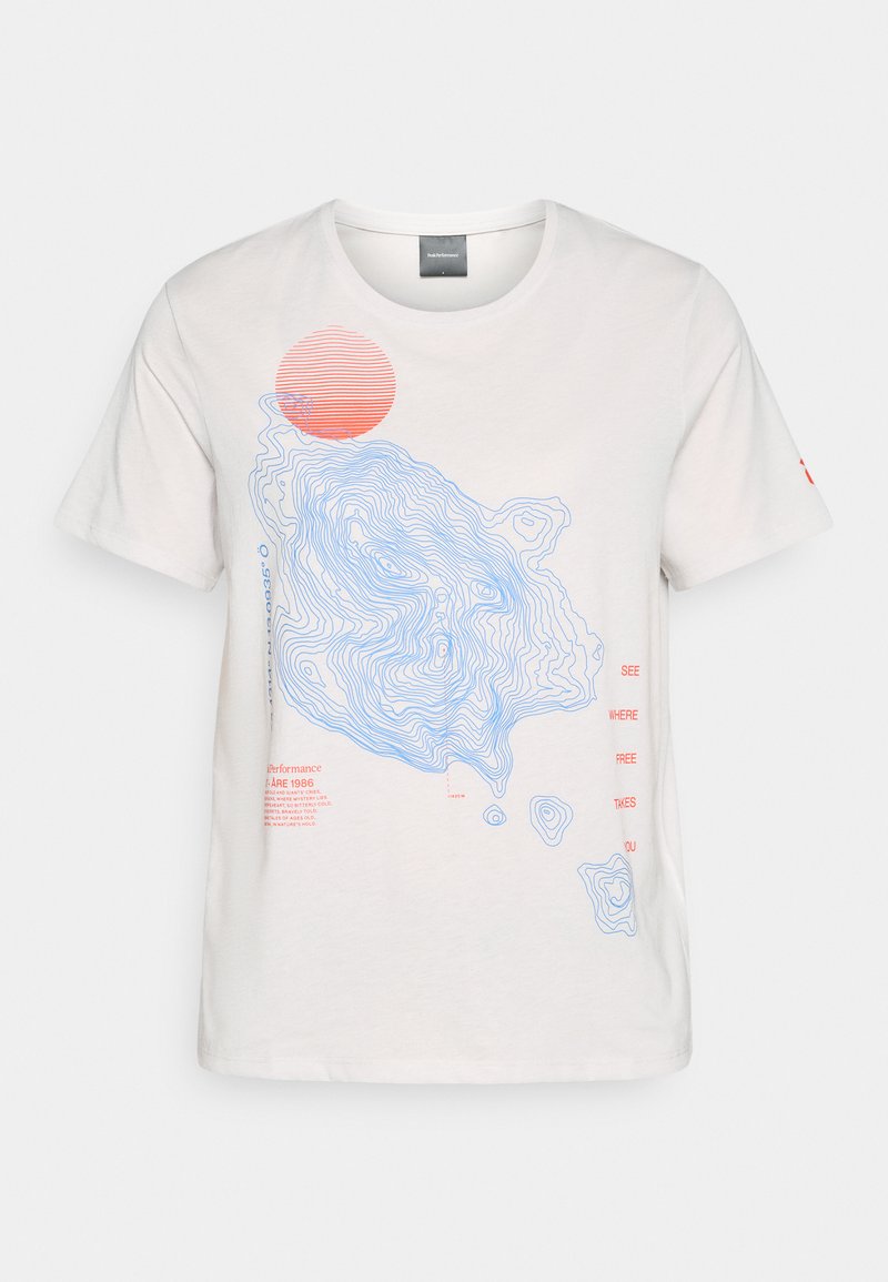 Weißes Baumwoll-T-Shirt mit blauen Konturlinien-Designs und einem roten Sonnenmotiv, mit roten Textdetails auf der Vorderseite. Kurzarm, Rundhalsausschnitt.