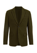 Olivgrüner Blazer mit zwei Fronttaschen, einem Knopfverschluss, Reverskragen und minimalistischem Design. Glatte Textur und taillierte Passform.
