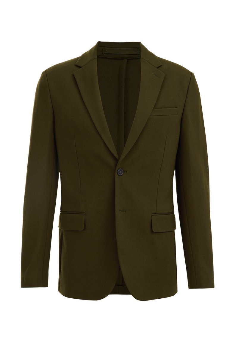 Olivgrüner Blazer mit zwei Fronttaschen, einem Knopfverschluss, Reverskragen und minimalistischem Design. Glatte Textur und taillierte Passform.