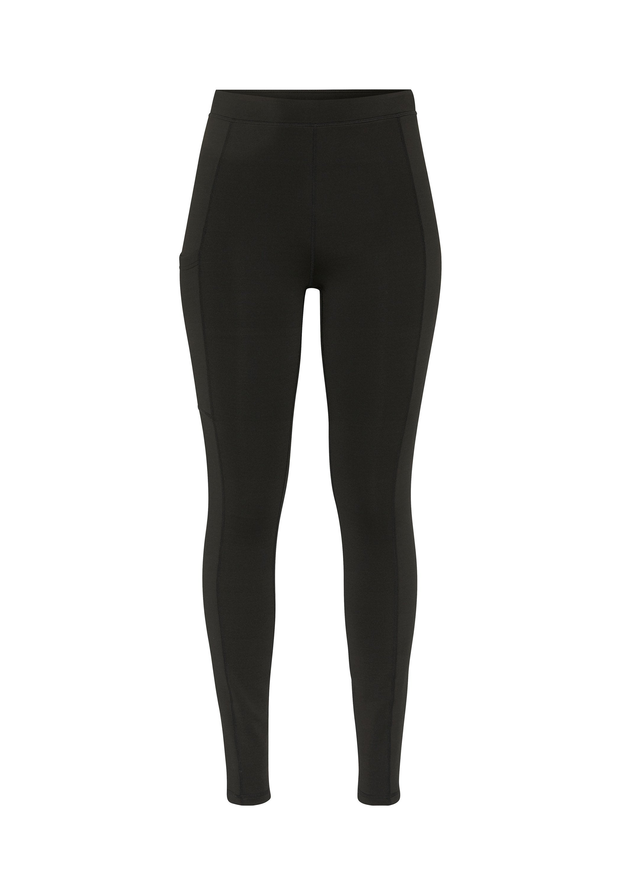 Schwarze Leggings aus elastischem Material mit hohem Bund, seitlichen Taschen und einem schlanken, anliegenden Design.