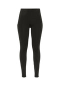 Schwarze Leggings aus elastischem Material mit hohem Bund, seitlichen Taschen und einem schlanken, anliegenden Design.