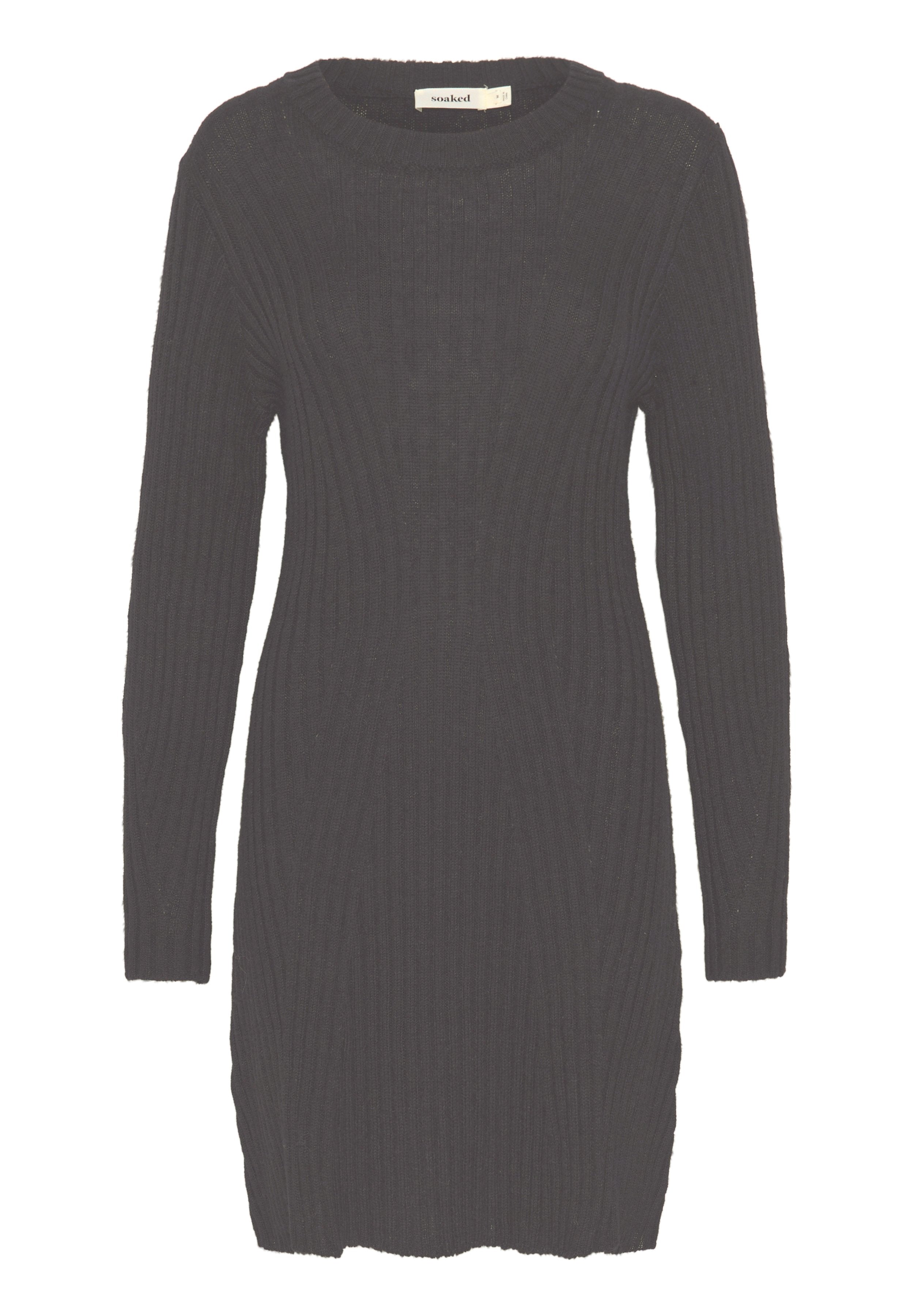 Schwarzes geripptes Strickkleid mit langen Ärmeln, rundem Ausschnitt und taillierter Silhouette. Die Textur ist weich mit einem dezenten Stretch.
