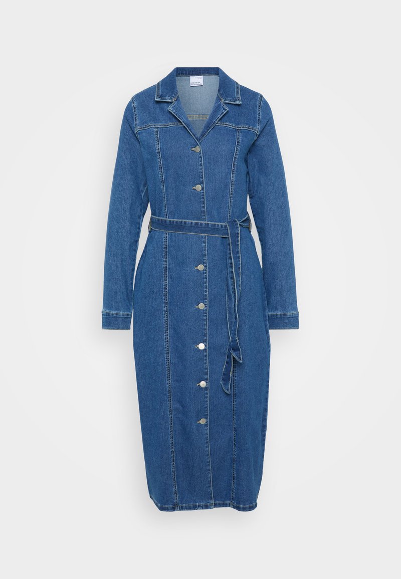 Jeanskleid mit langen Ärmeln, Knopfleiste, Kragen, tailliertem Design und knielanger Länge. Verfügt über eine mittelblaue Farbe und sichtbare Nähte.