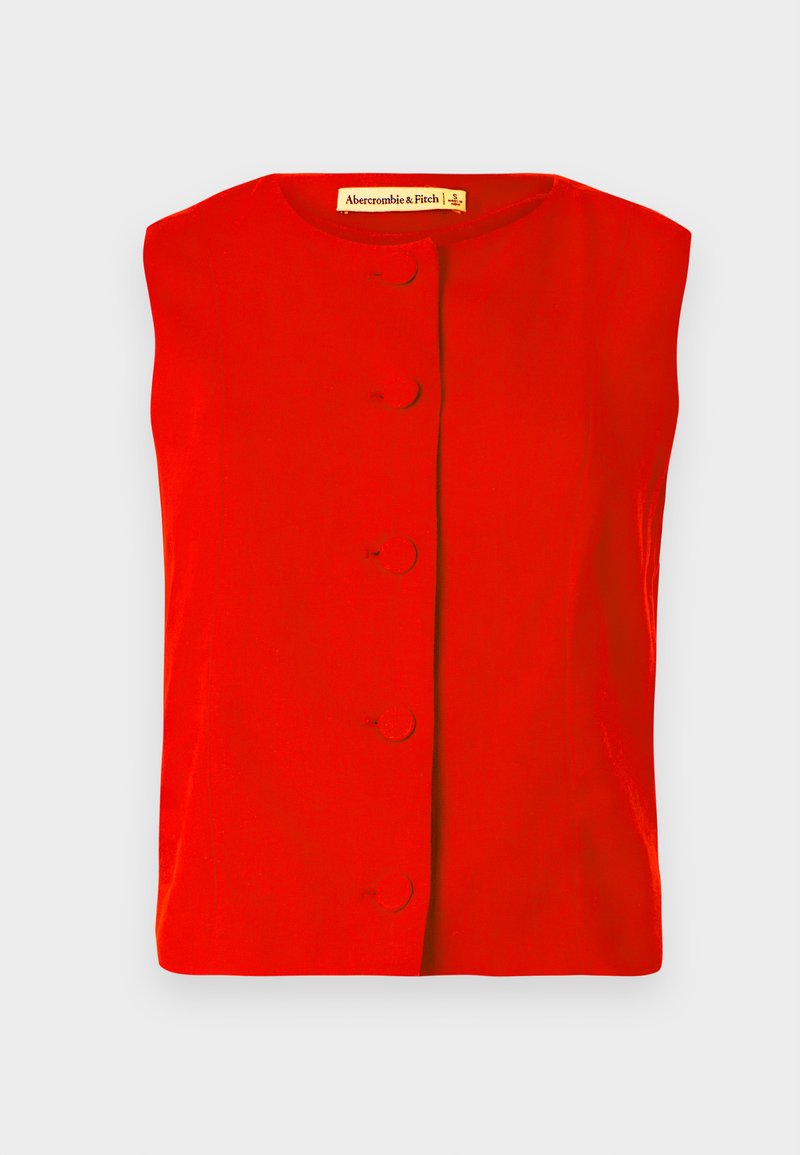 Rotes ärmelloses Oberteil mit rundem Ausschnitt, ausgestattet mit einer vorderen Knopfverschluss mit runden Knöpfen und glatter Textur. Markenetikett innen sichtbar.