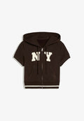 Bershka SHORT-SLEEVED HOODED ZIP-UP SWEATSHIRT - Zip-up sweatshirt - dark brown