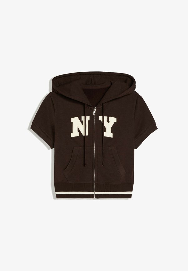 Bershka SHORT-SLEEVED HOODED ZIP-UP SWEATSHIRT - Zip-up sweatshirt - dark brown