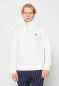 Weißes Sweatshirt mit Viertel-Reißverschluss aus weichem Material, mit einem kleinen gestickten Motiv auf der linken Brust sowie gerippten Bündchen und Saum.
