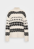 Cremfarbener Pullover mit hohem Kragen, schwarzem geometrischem Muster sowie gerippten Bündchen und Saum. Weicher Strickstoff, lässiger Oversized-Schnitt.