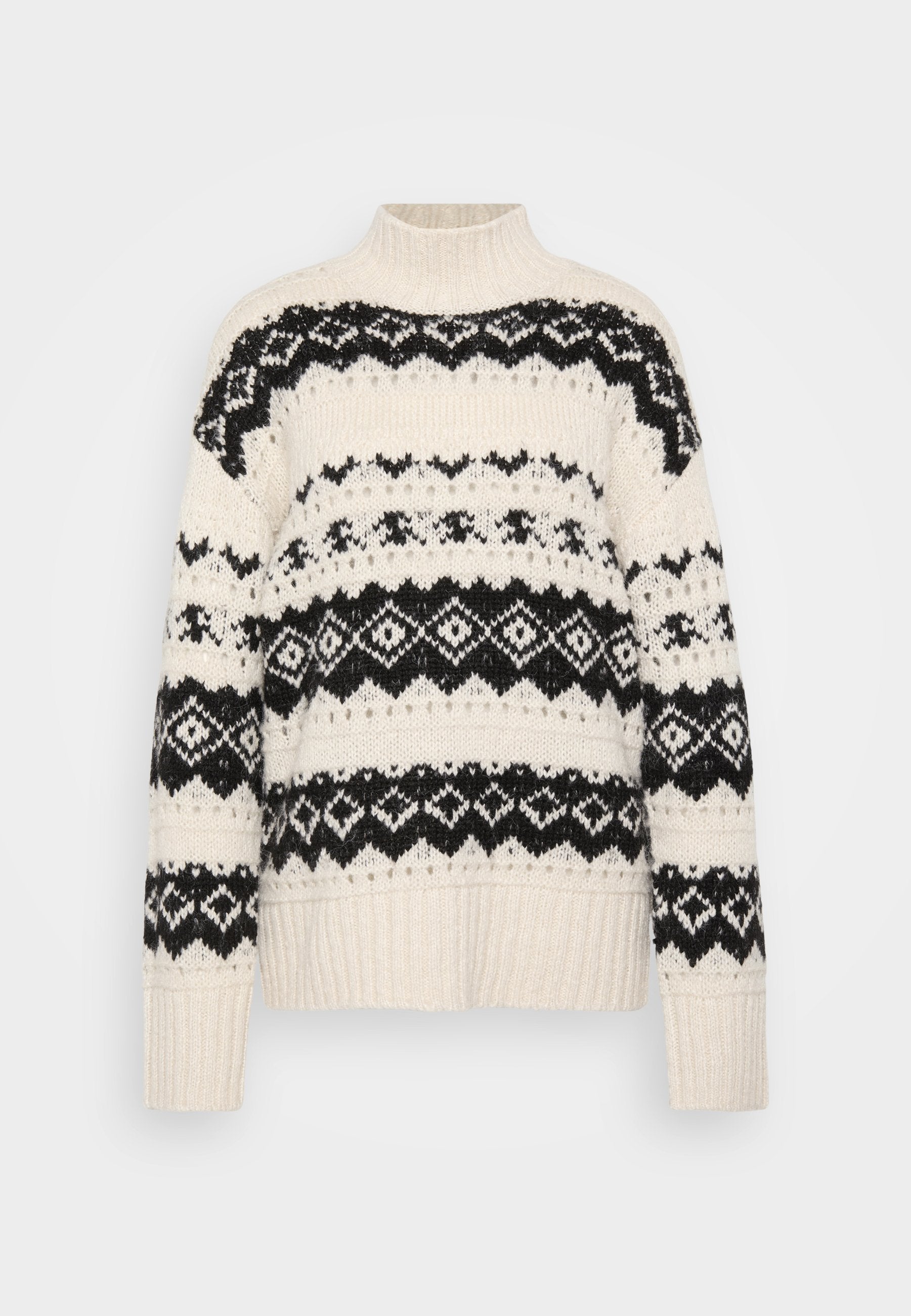 Cremfarbener Pullover mit hohem Kragen, schwarzem geometrischem Muster sowie gerippten Bündchen und Saum. Weicher Strickstoff, lässiger Oversized-Schnitt.