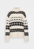 Cremfarbener Pullover mit hohem Kragen, schwarzem geometrischem Muster sowie gerippten Bündchen und Saum. Weicher Strickstoff, lässiger Oversized-Schnitt.