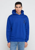 Blaues Hoodie aus Baumwollmischgewebe mit einer Fronttasche, Kordelzugkapuze und dem Text "The Future Society" in Schwarz auf der Brust.