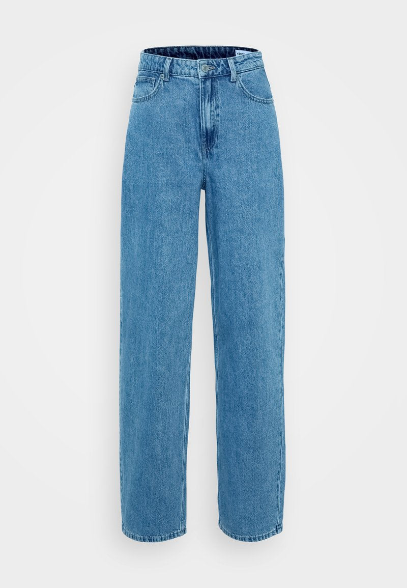 Helle blaue Denim-Jeans mit hoher Taille und weitem Bein, ausgestattet mit fünf Taschen und einem Knopfverschluss. Weiche Textur mit leichter Ausbleichung.
