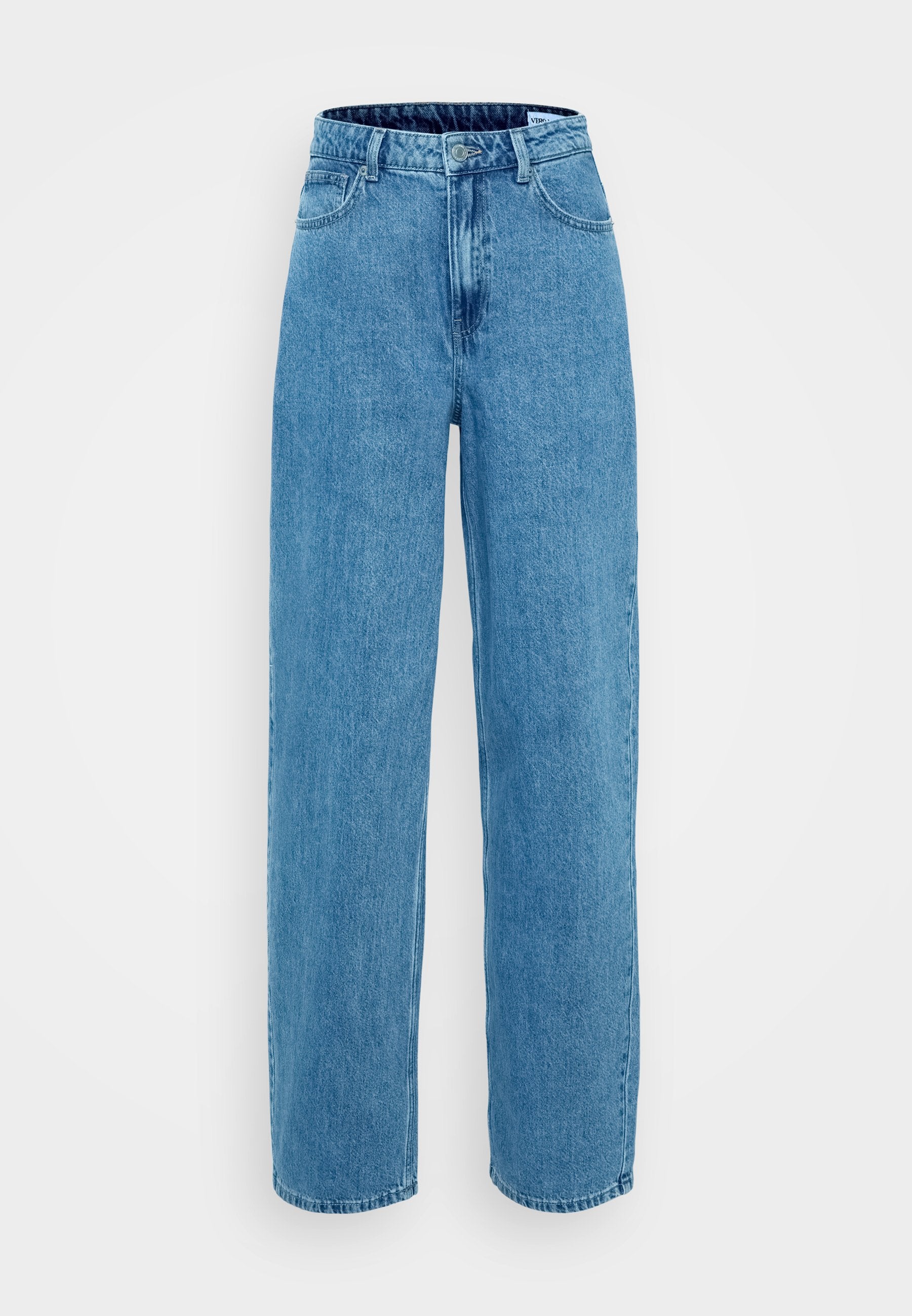 Helle blaue Denim-Jeans mit hoher Taille und weitem Bein, ausgestattet mit fünf Taschen und einem Knopfverschluss. Weiche Textur mit leichter Ausbleichung.