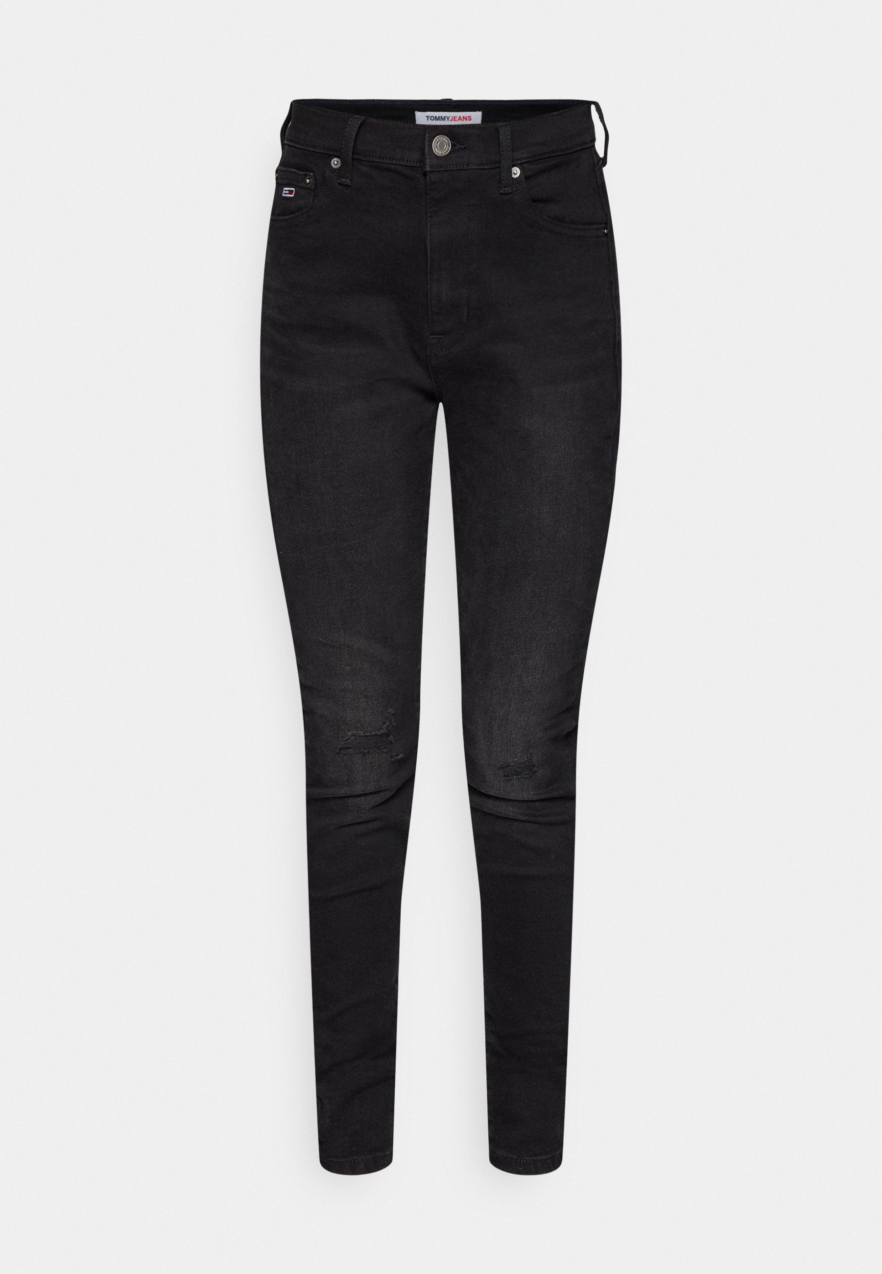 Schwarze Skinny-Jeans aus Denim, mit klassischem Fünf-Taschen-Design und sichtbaren Distressed-Details an den Knien.