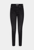Schwarze Skinny-Jeans aus Denim, mit klassischem Fünf-Taschen-Design und sichtbaren Distressed-Details an den Knien.