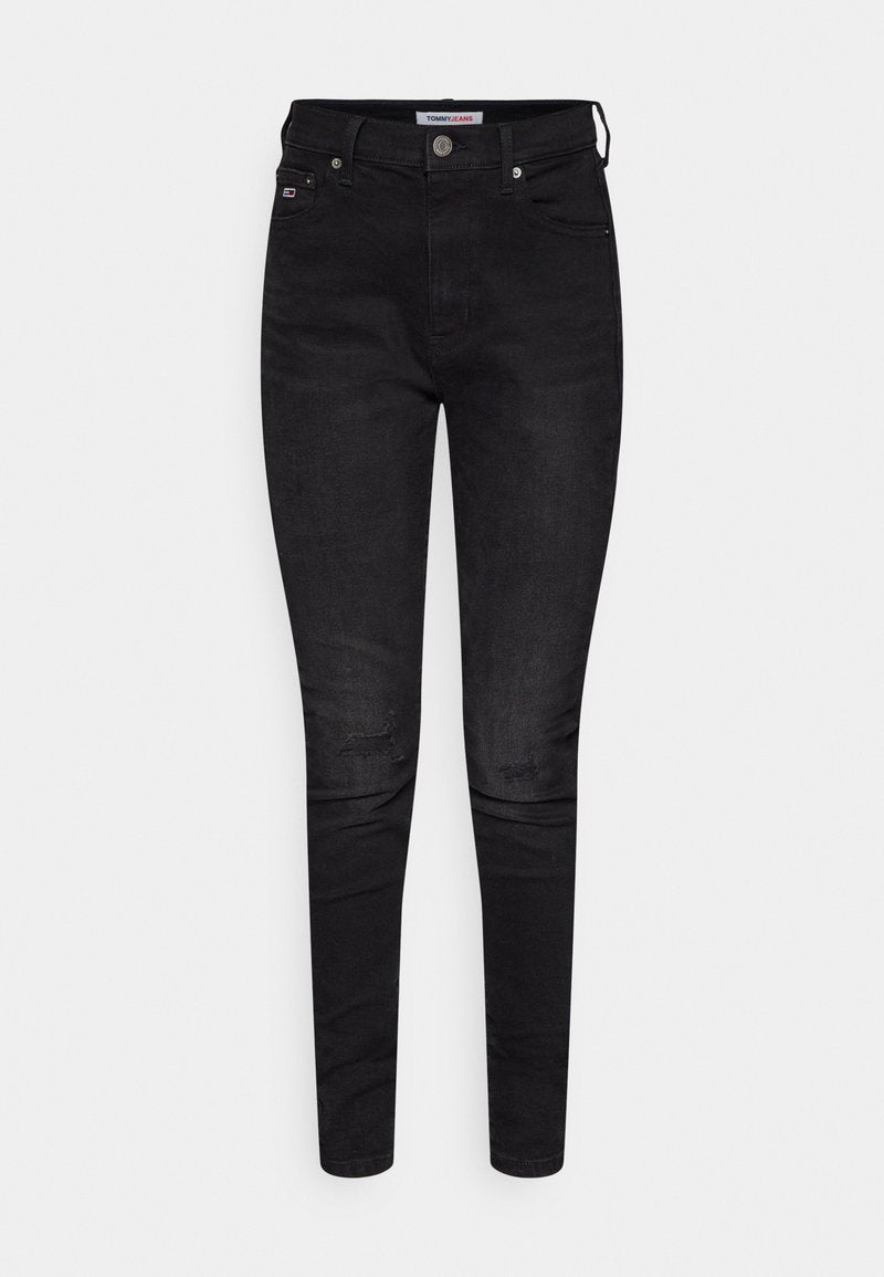 Schwarze Skinny-Jeans aus Denim, mit klassischem Fünf-Taschen-Design und sichtbaren Distressed-Details an den Knien.