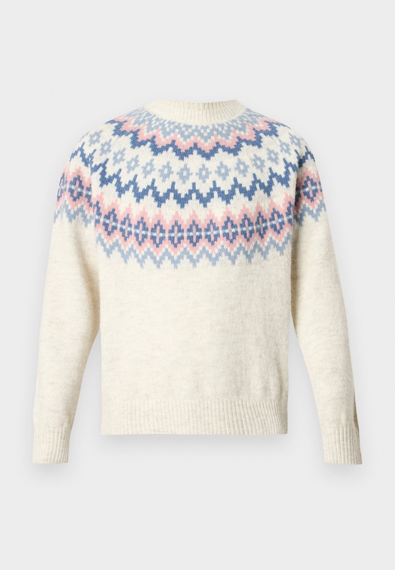 Cremefarbener Pullover mit rundem Ausschnitt und langen Ärmeln, mit einem farbigen Muster aus blauen, rosa und weißen geometrischen Designs. Gerippte Bündchen und Saum.