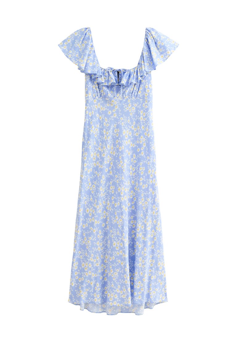 Blaues Blumenkleid mit kurzen Rüschenärmeln, quadratischem Ausschnitt und gelbem Gänseblümchenmuster. Hergestellt aus leichtem Stoff mit fließender Silhouette.