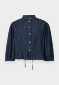 Dunkelblaue Jeansbluse mit langen Ärmeln, Knopfleiste, Kragen, gerafften Manschetten und verstellbarem Taillen-Kordelzug.
