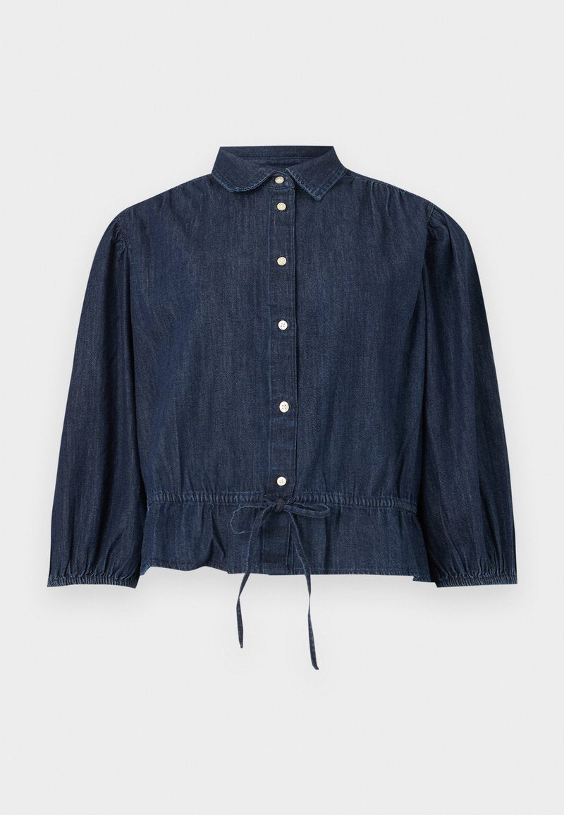 Dunkelblaue Jeansbluse mit langen Ärmeln, Knopfleiste, Kragen, gerafften Manschetten und verstellbarem Taillen-Kordelzug.