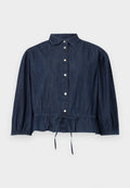 Dunkelblaue Jeansbluse mit langen Ärmeln, Knopfleiste, Kragen, gerafften Manschetten und verstellbarem Taillen-Kordelzug.