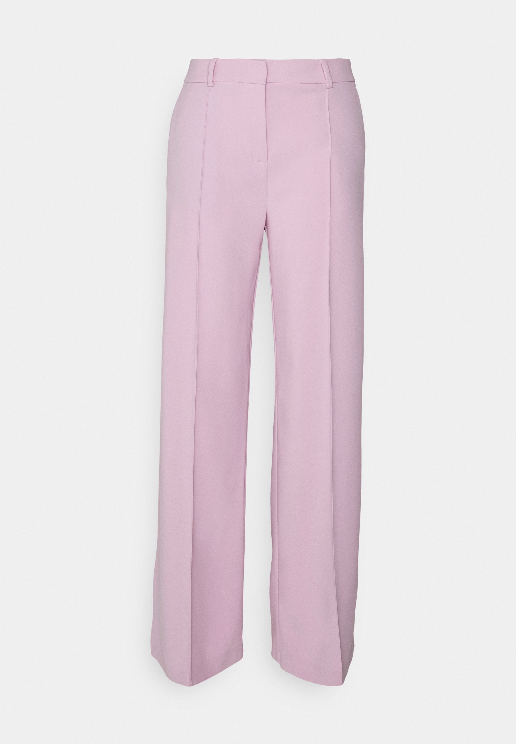 Helle rosa weit geschnittene Hosen aus einem glatten Stoff mit vorderen Falten, Gürtelschlaufen und einem maßgeschneiderten Design.