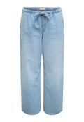 Hellblaue Denim-Hose mit elastischem Bund und Kordelzug, geradem Bein und einer dezenten verwaschenen Textur.
