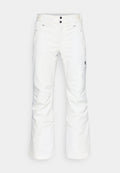 Weiße Schnee-Hosen mit geradem Bein, zwei Vorderseiten-Taschen und zwei schwarzen Knopfverschlüssen. Texturiertes Material mit schwarzem Markenlogo.