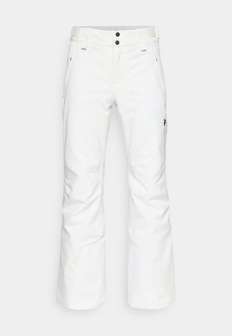 Weiße Schnee-Hosen mit geradem Bein, zwei Vorderseiten-Taschen und zwei schwarzen Knopfverschlüssen. Texturiertes Material mit schwarzem Markenlogo.