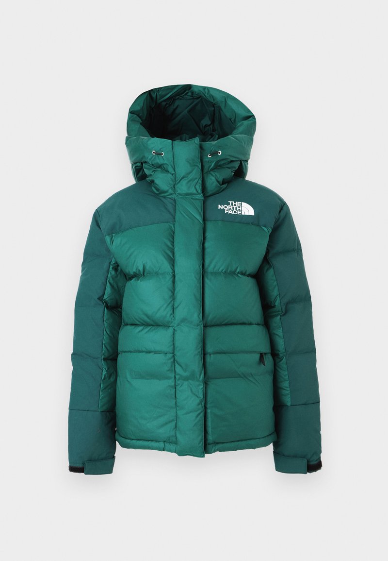 Grüne gepolsterte Winterjacke mit Kapuze, Klettverschluss-Handgelenkriemen, Fronttaschen und dem The North Face-Logo auf der Brust.