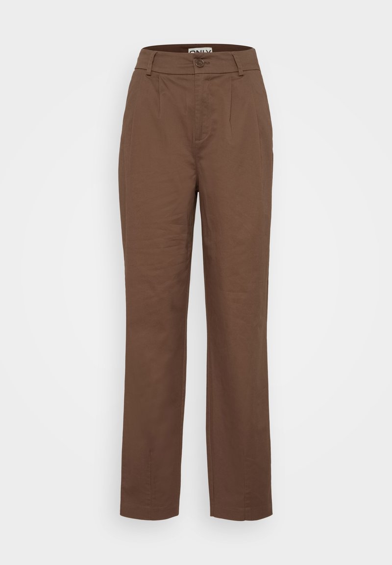 Braune Hosen mit geradem Bein, aus Baumwolle gefertigt. Verfügt über einen Knopfverschluss und zwei vordere Falten für zusätzlichen Detail. Minimalistischer Stil.
