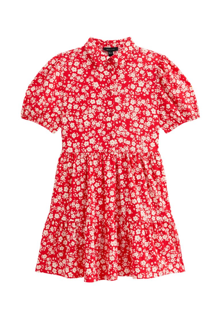 Rotes Blumenkleid mit kurzen Puffärmeln, Kragen und gathered Rock. Enthält weiße Blumenmuster auf einem strukturierten Stoff.