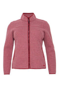 Rote Strickjacke mit hohem Kragen, durchgehendem Frontreißverschluss und verstärkten Nähten. Verfügt über kontrastierende rote Akzente entlang der Nähte.