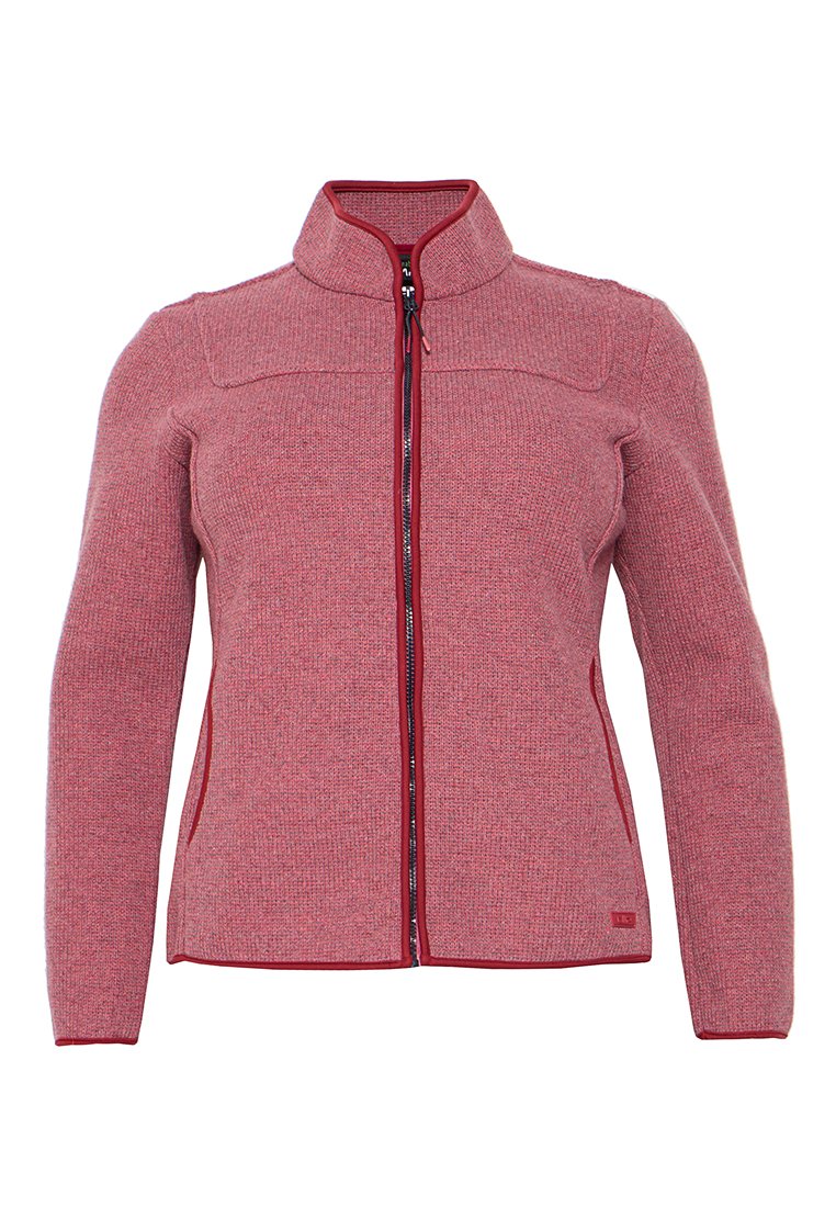 Rote Strickjacke mit hohem Kragen, durchgehendem Frontreißverschluss und verstärkten Nähten. Verfügt über kontrastierende rote Akzente entlang der Nähte.