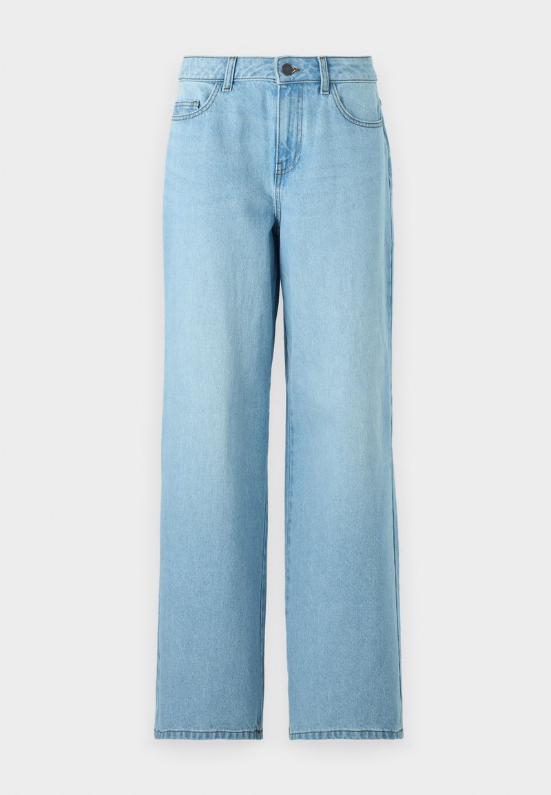 Helle blaue Schlagjeans aus Denim, mit hoher Taille, Fronttaschen und Knopfverschluss. Der Saum ist ungefinished.