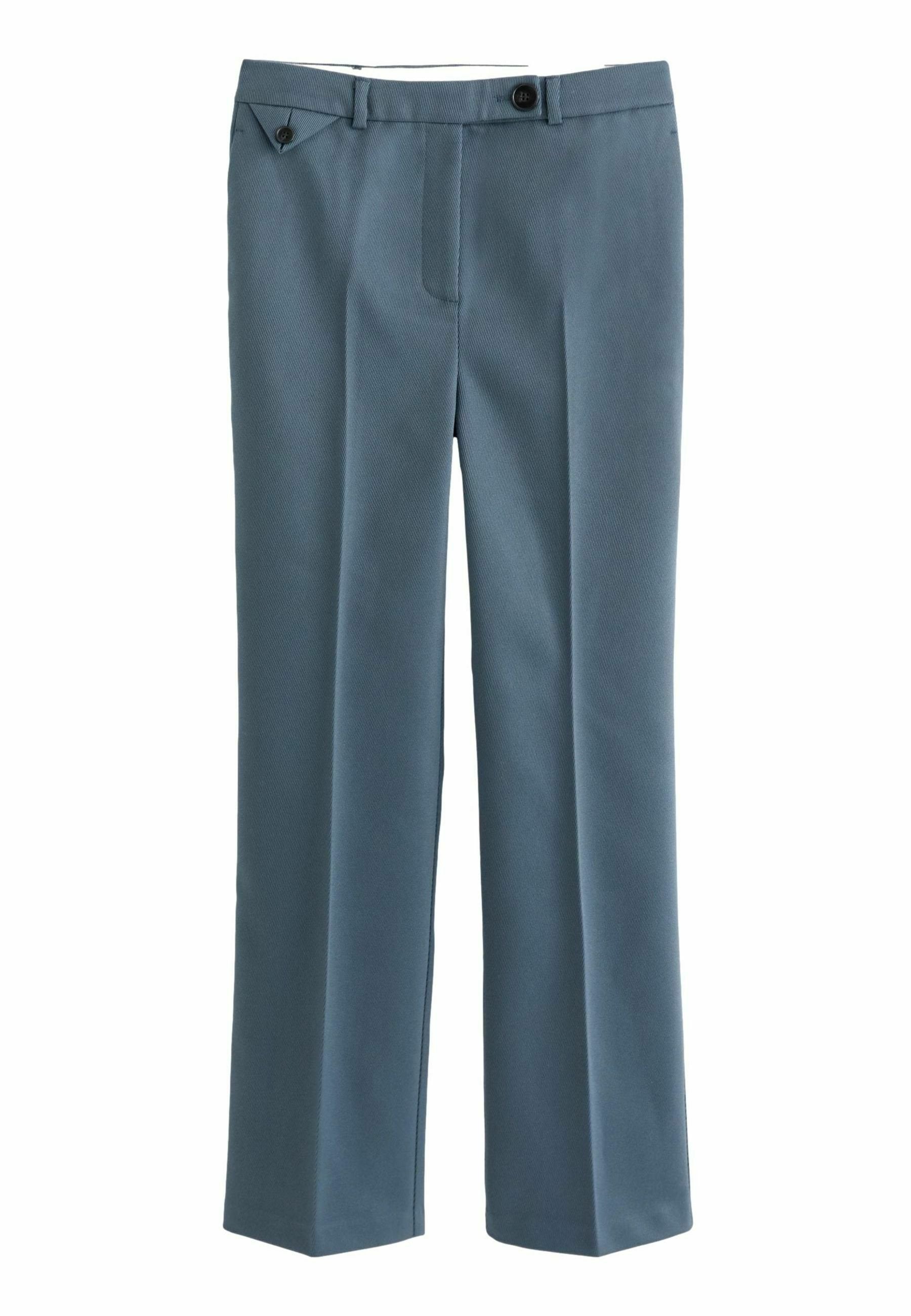 Helle blaue, maßgeschneiderte Hose mit einer strukturierten Oberfläche, ausgestattet mit einer einzelnen Vordertasche und einem geraden Beinanschnitt, die mit einem Knopf geschlossen wird.
