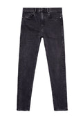 Schwarze Jeans aus Denim mit schmaler Passform, klassischem Fünf-Taschen-Design und Knopfverschluss. Glatte Textur, leicht verblasster Look und keine sichtbaren Muster.