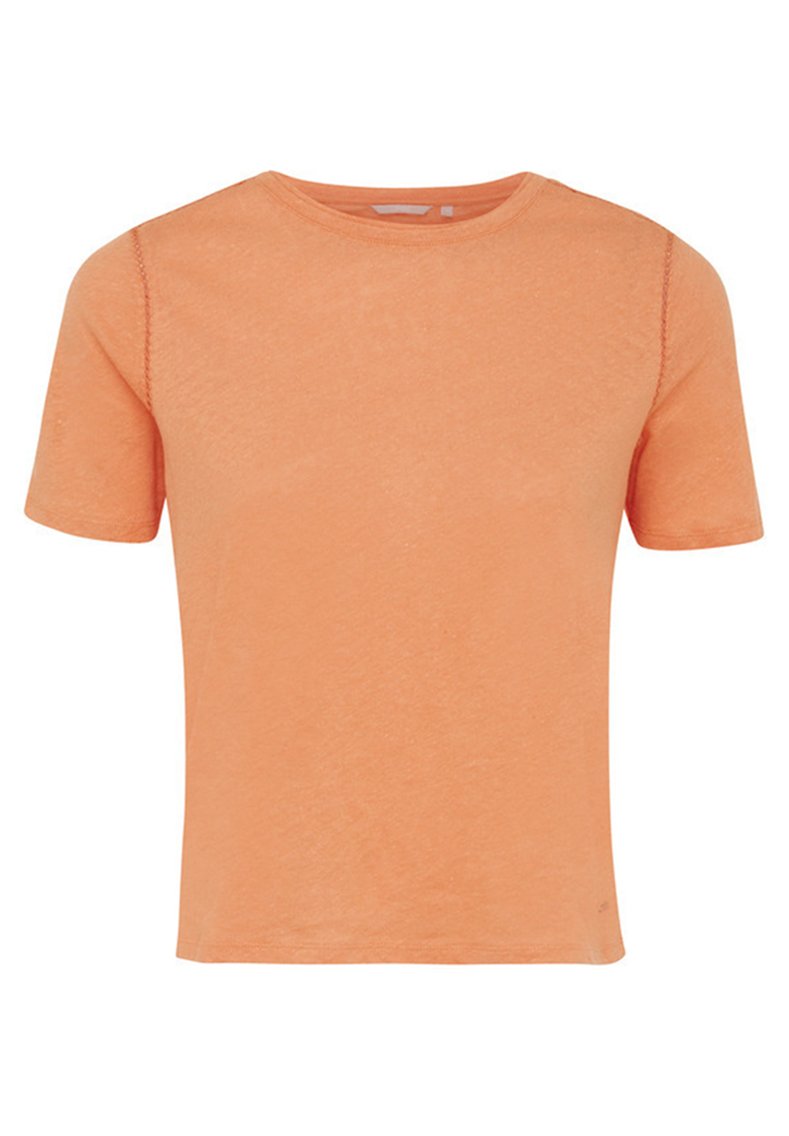 Kurzarm-T-Shirt in einem hellen Orangeton, mit rundem Ausschnitt und einem weichen, strukturierten Stoff, der subtile Nähedetails aufweist.