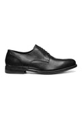 Schwarze Leder-Dressschuhe mit glatter Oberfläche, spitzer Zehenform, sechs Ösen Schnürdesign und einem niedrigen Gummihighheel.