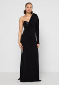 Schwarzes Kleid mit einem taillierten Oberteil, das auf einer Seite mit Pailletten verziert ist, auf der anderen Seite mit einem drapierten Stoff und einem langen Ärmel.