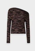 Langärmliges, braunes Cropped Top mit schwarzen Wellenstreifen, asymmetrischem Ausschnitt und glatter, dehnbarer Stoffoberfläche.