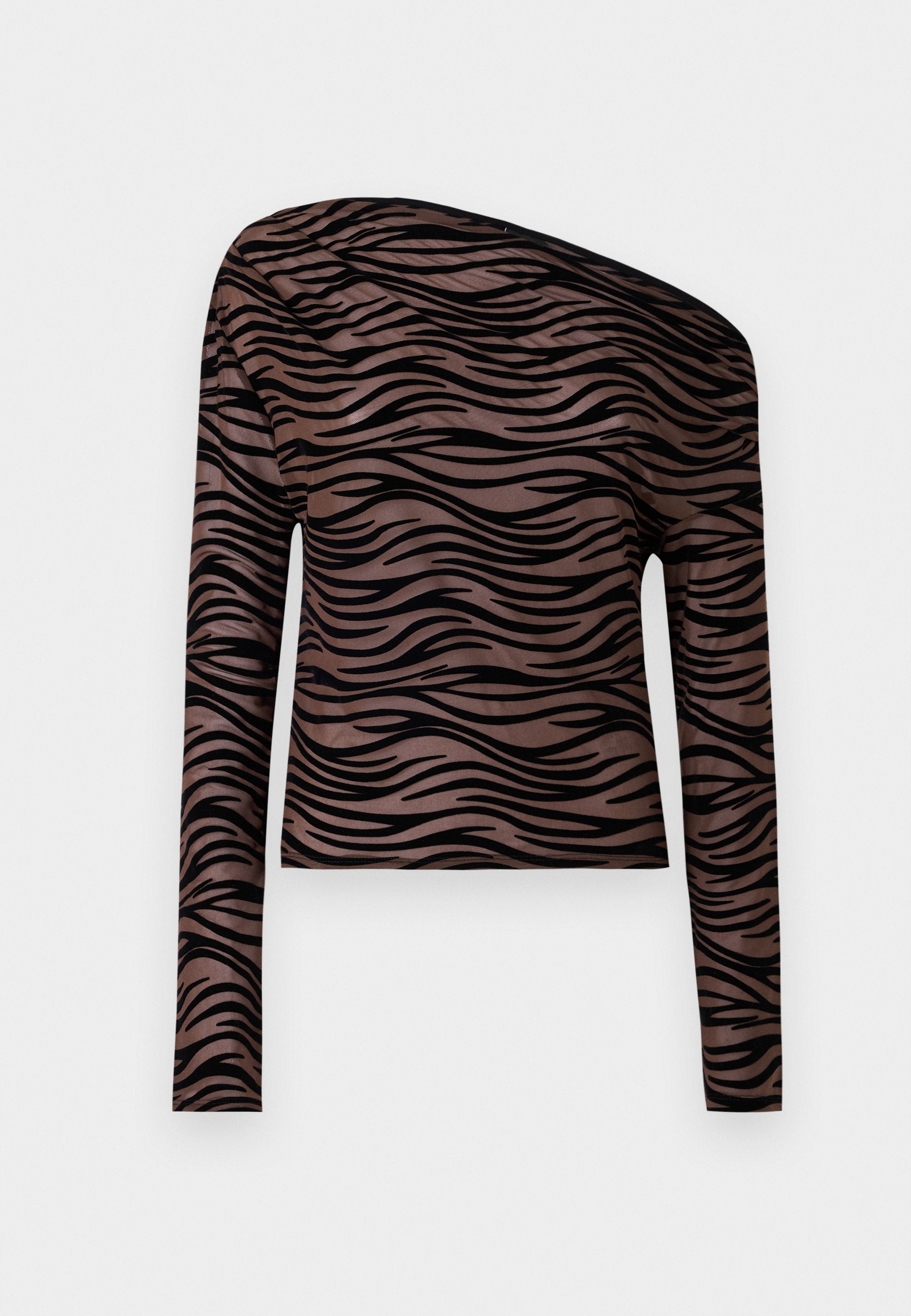 Langärmliges, braunes Cropped Top mit schwarzen Wellenstreifen, asymmetrischem Ausschnitt und glatter, dehnbarer Stoffoberfläche.